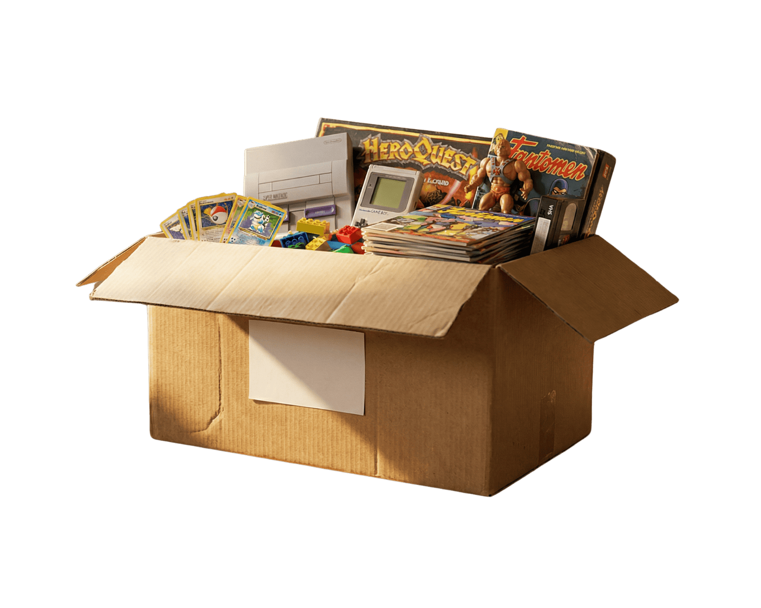 Låda fylld med retrospel, samlarkort och nostalgiprylar